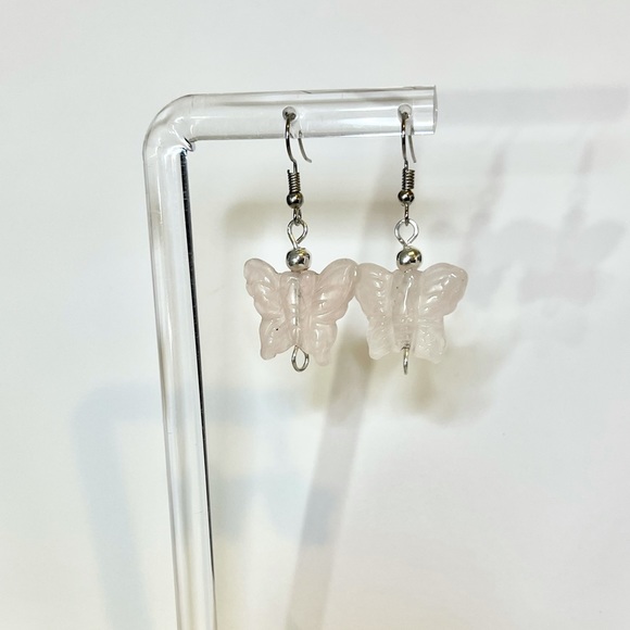 Carved Rose Quartz Butterfly Earrings - Picture 9 of 14